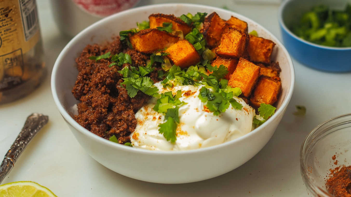 served beef protein bowl with toppings