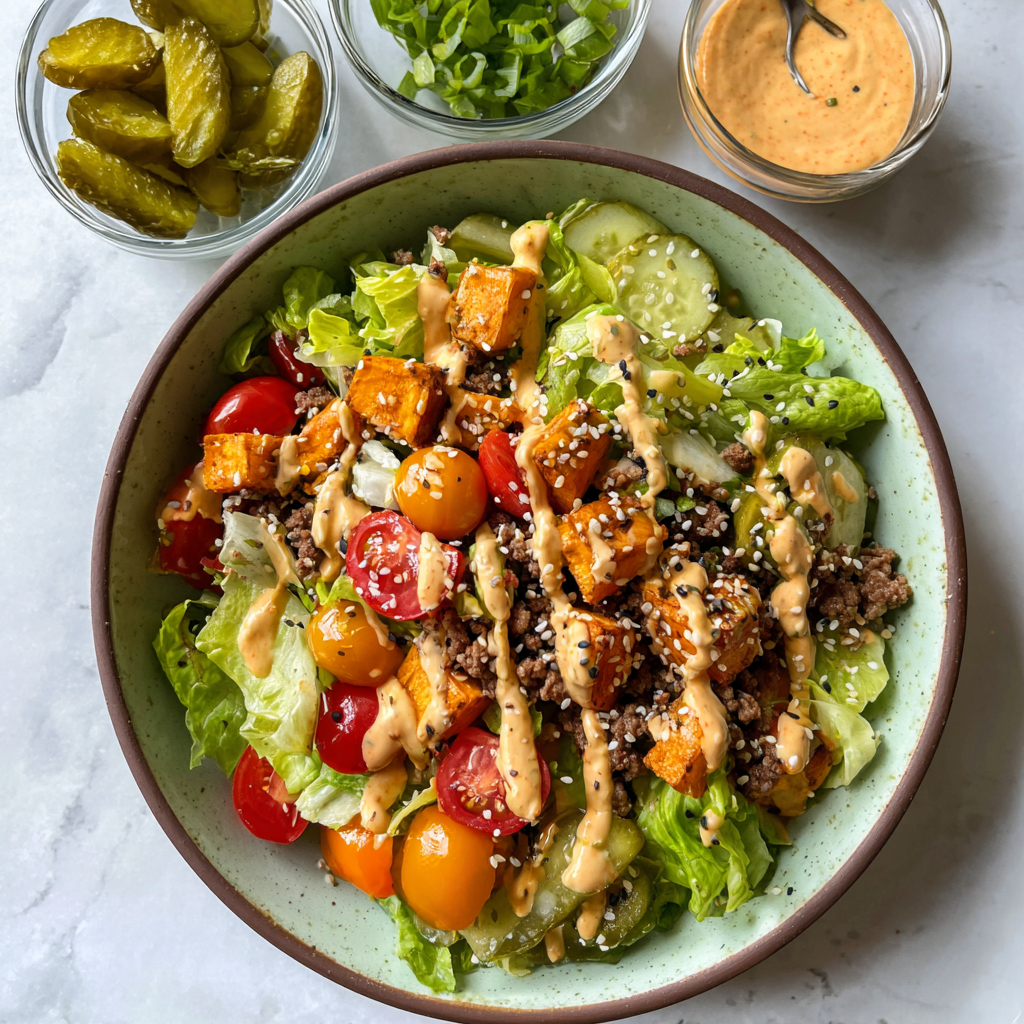 Sweet Potato Burger Bowl with ground beef, cherry tomatoes, and special sauce drizzle