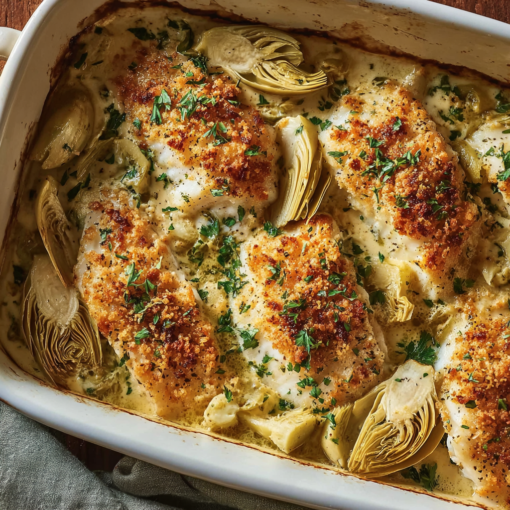 A close-up of the finished Artichoke and Parmesan Tilapia recipe, showing the golden, bubbly crust.