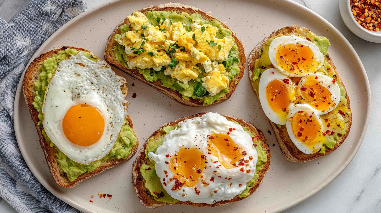 Avocado toast with scrambled egg on sourdough with herbs