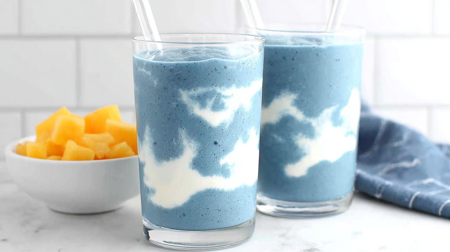 blue spirulina smoothie with cloud yogurt swirl