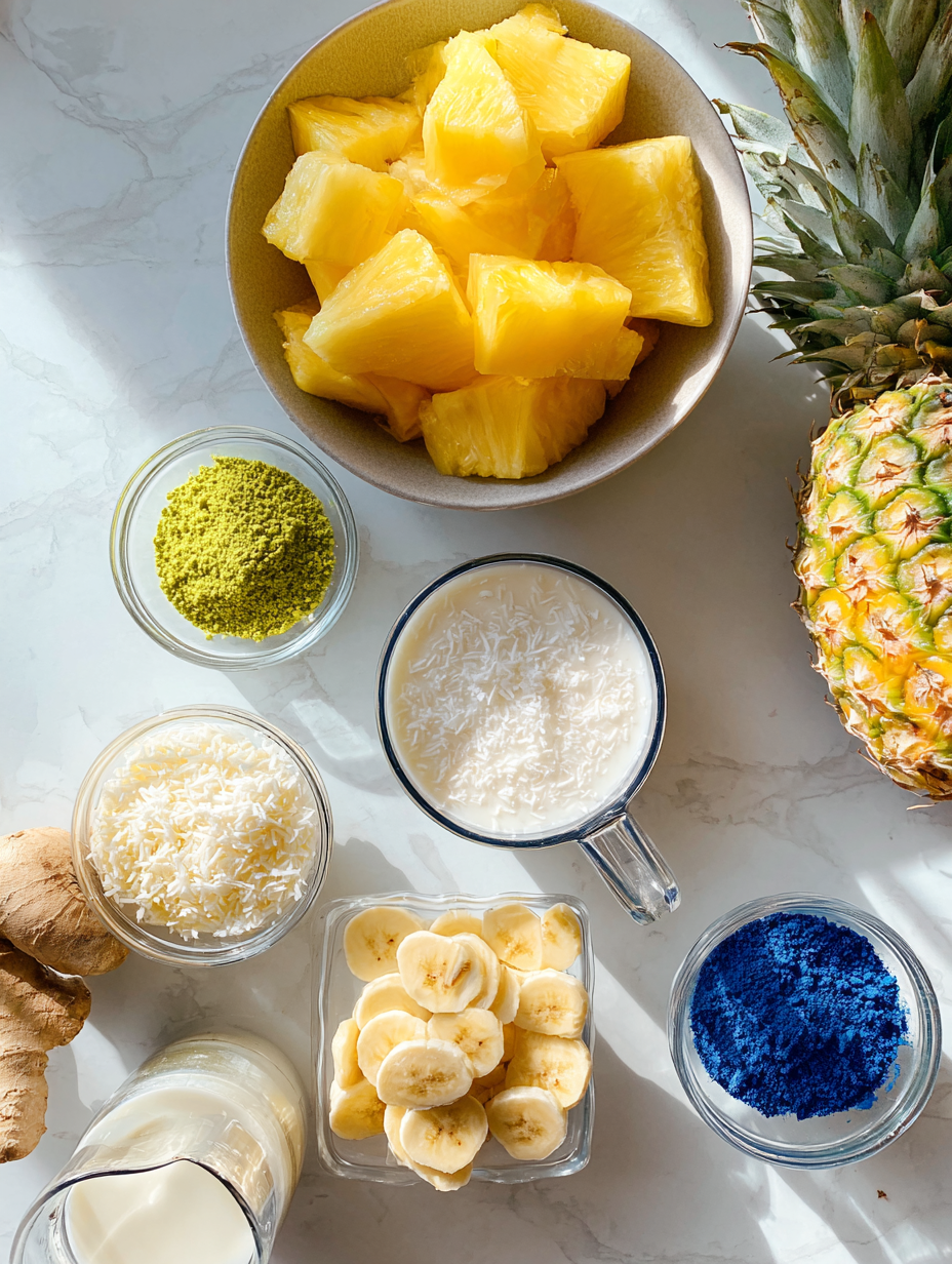 blue spirulina smoothie ingredients laid out