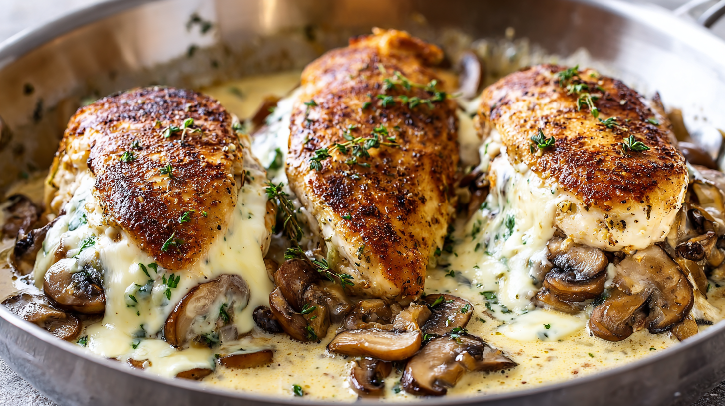 Cheesy garlic butter mushroom stuffed chicken sliced open