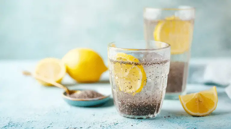 5 Amazing Benefits of Chia Seed Water That Will Boost Your Day Naturally 2 Glass of refreshing chia seed water with slices of lemon and lime and a straw.