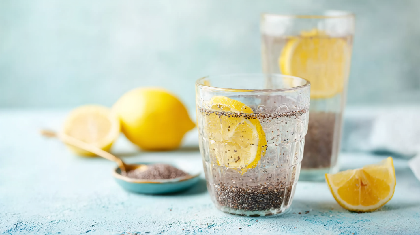 Glass of refreshing chia seed water with slices of lemon and lime and a straw.