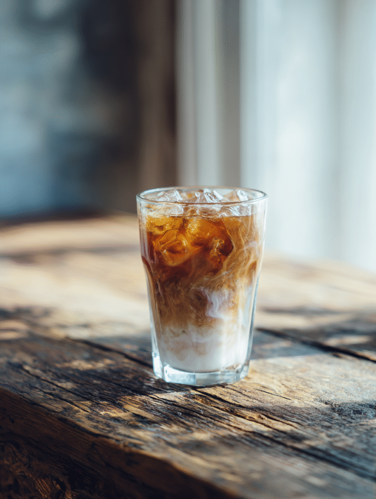 The Ultimate Guide to Coconut Water Iced Coffee 2 A tall glass of layered coconut water iced coffee, garnished with a straw.