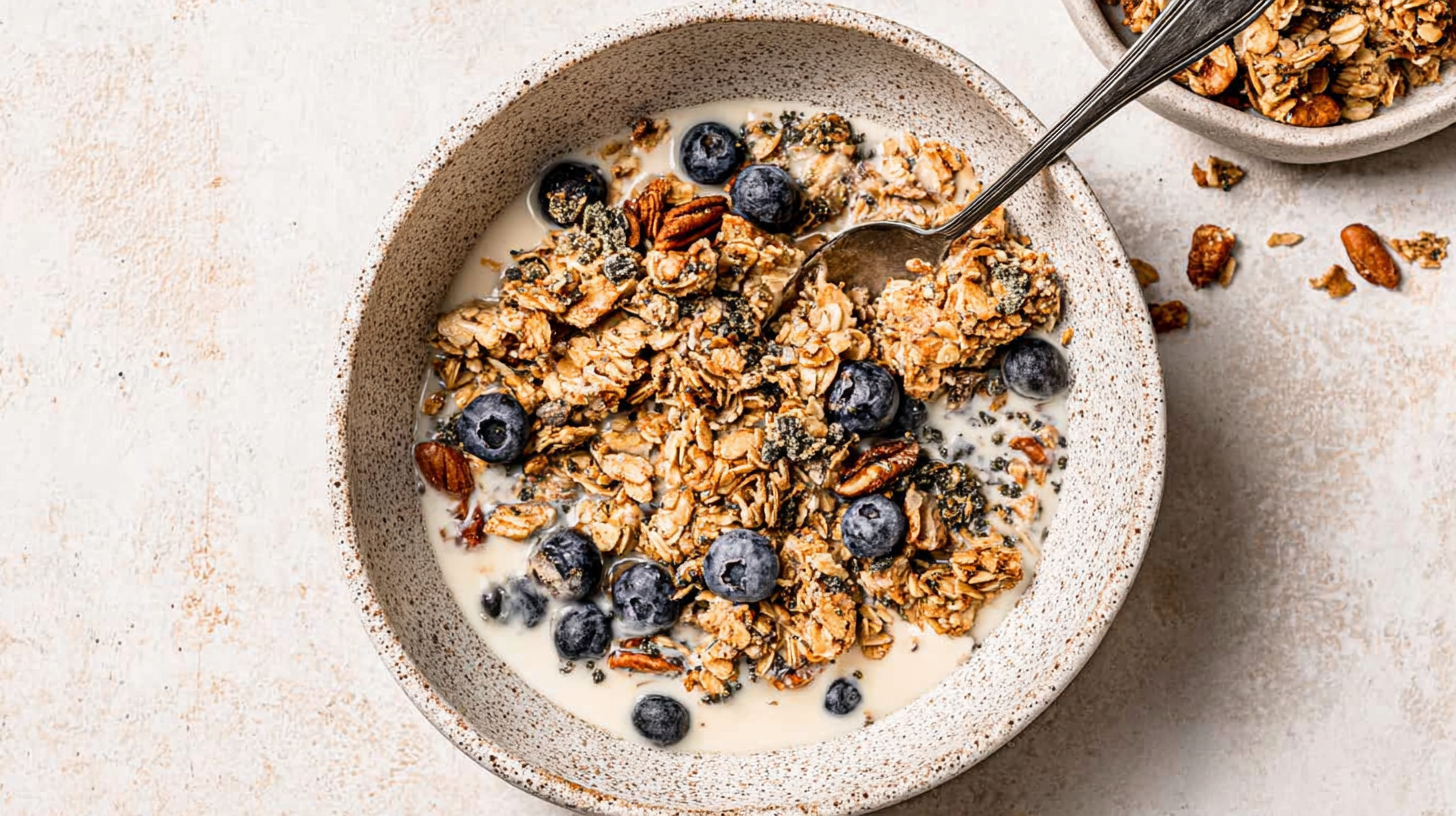 Crunchy hemp granola in a jar with nuts and coconut