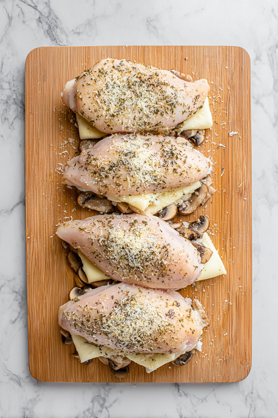 Uncooked chicken breasts stuffed with a golden-brown mushroom and cheese filling in a skillet.