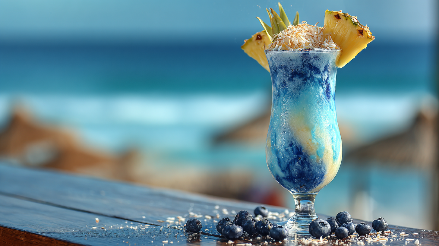Ocean Love Colada in a tall glass garnished with a pineapple wedge, on a beach