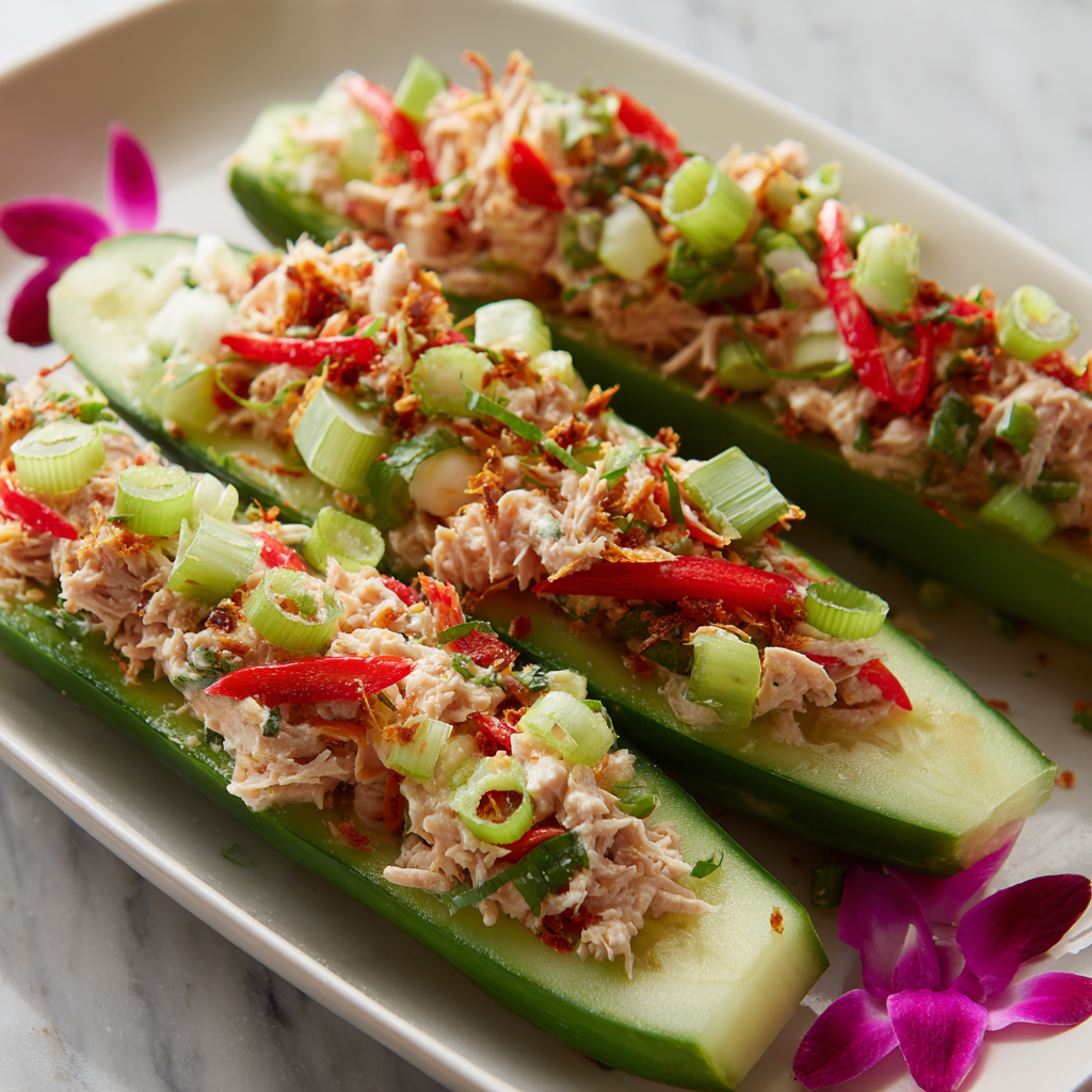 Asian-inspired tuna salad cucumber boats garnished with green onions and red peppers for a vibrant, savory touch.