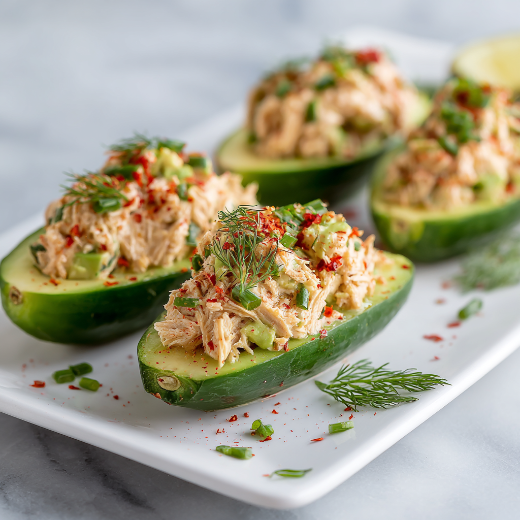 Avocado tuna salad cucumber boats topped with fresh dill and chili flakes for a creamy, vibrant dish.