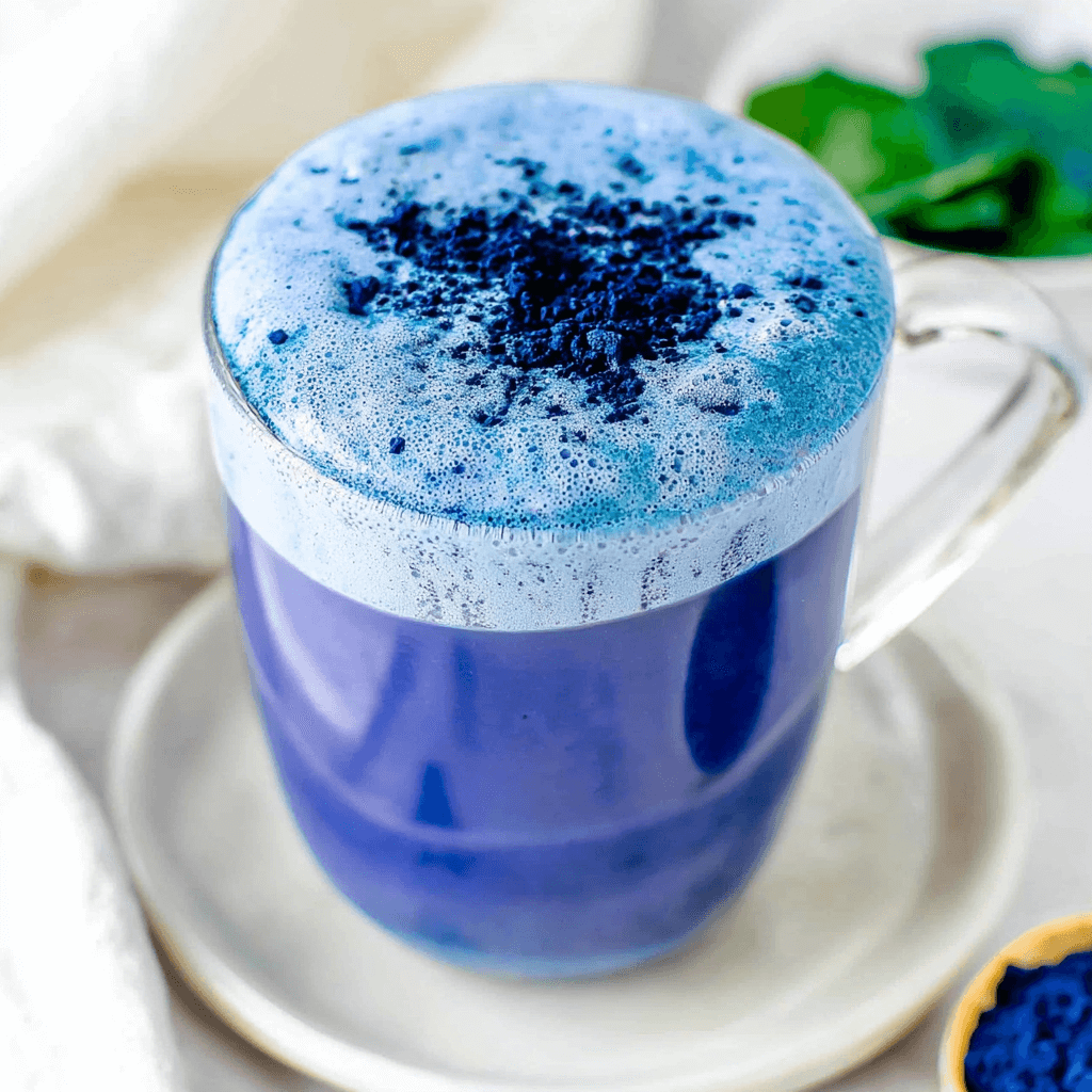 Creamy butterfly pea flower tea latte with foam