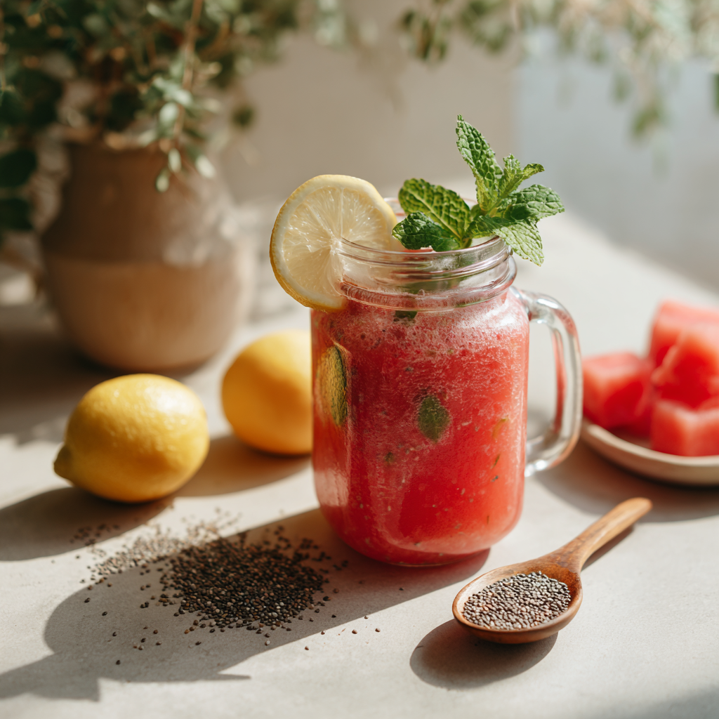 Daily wellness electrolyte mocktail with watermelon and chia seeds.