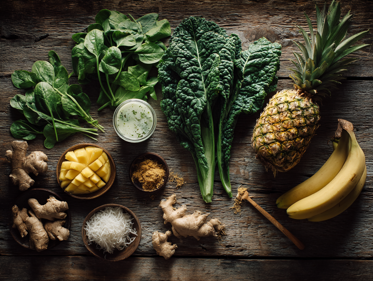 Detox Island Green Smoothie ingredients flat lay
