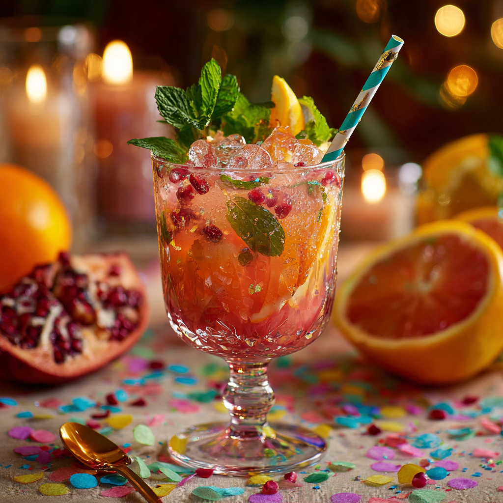 Festive party electrolyte mocktail with pomegranate and citrus.
