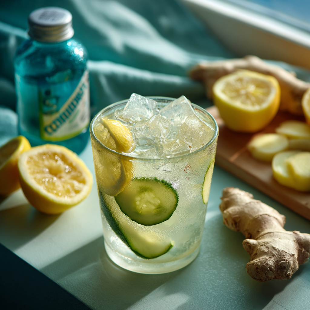 Hangover hydration electrolyte mocktail with cucumber and ginger.