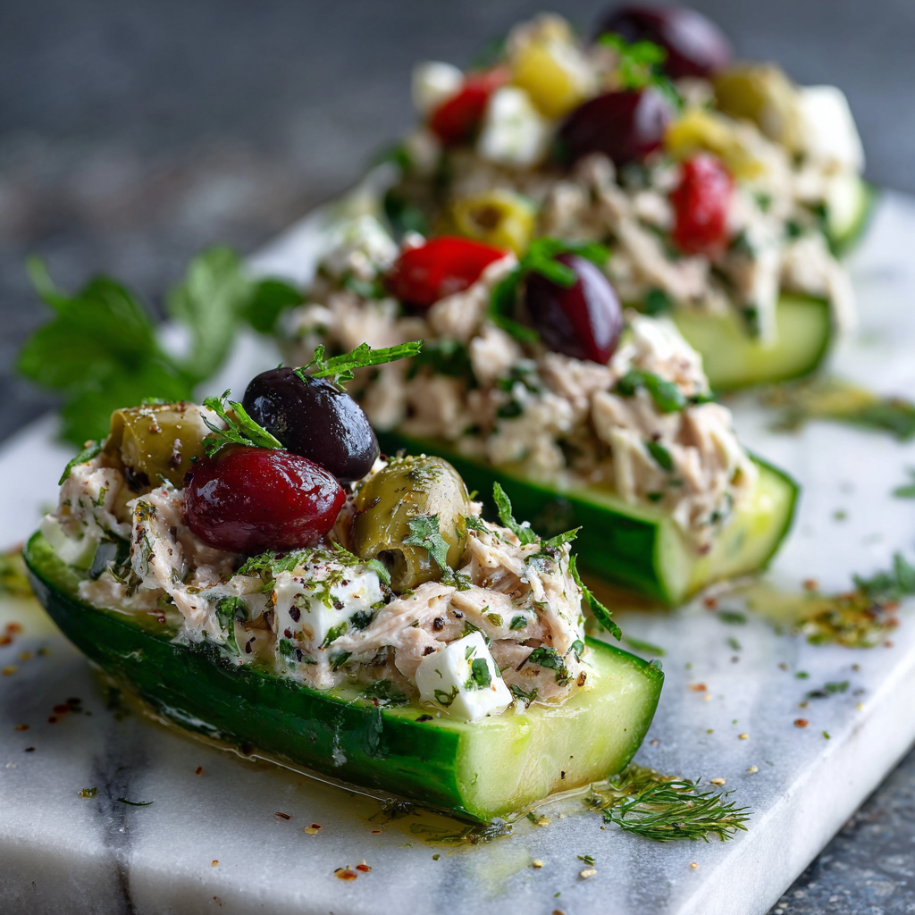 Mediterranean tuna salad cucumber boats topped with feta, olives, and fresh herbs for a savory, herbaceous bite.