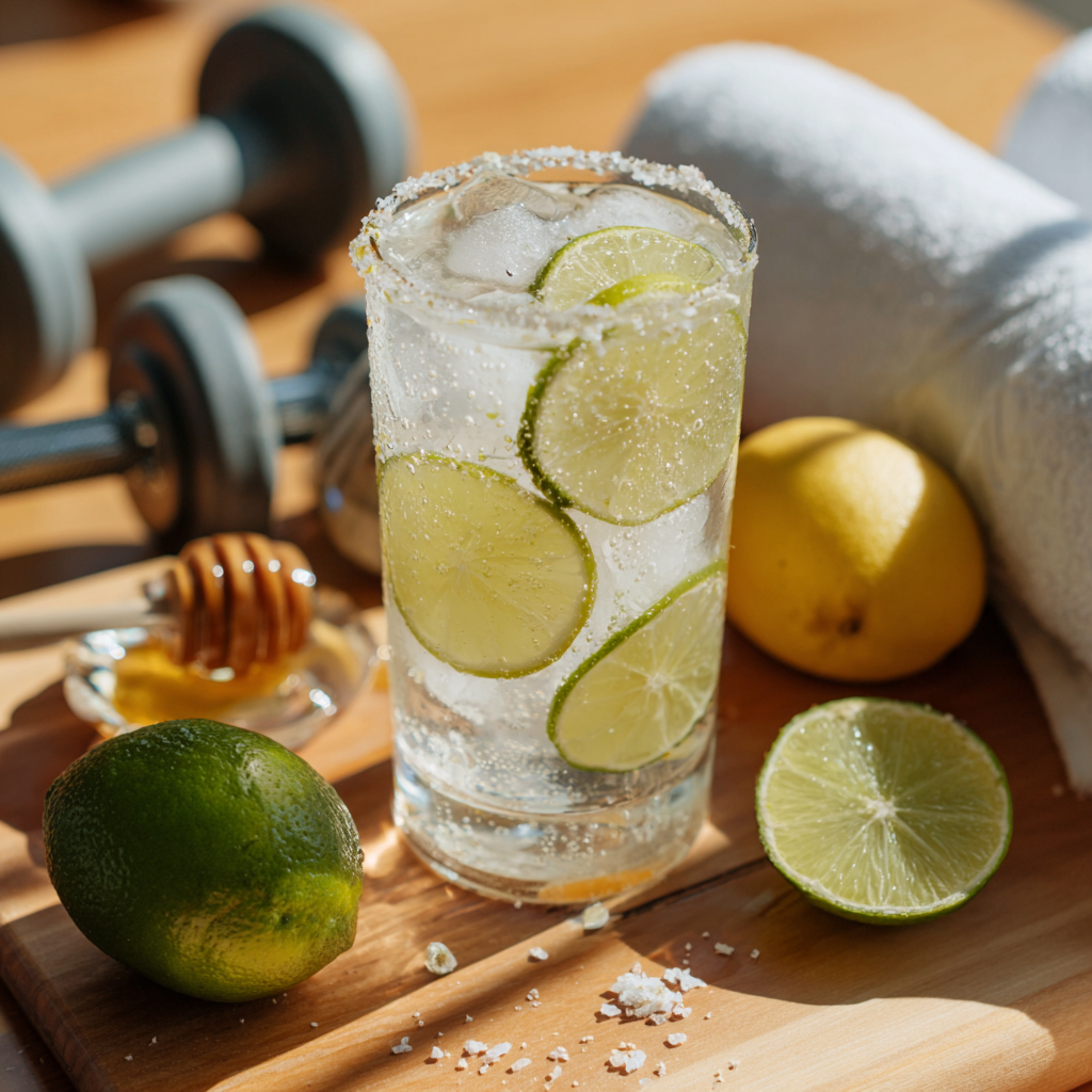 Post-workout electrolyte mocktail with coconut water and lime in a glass.