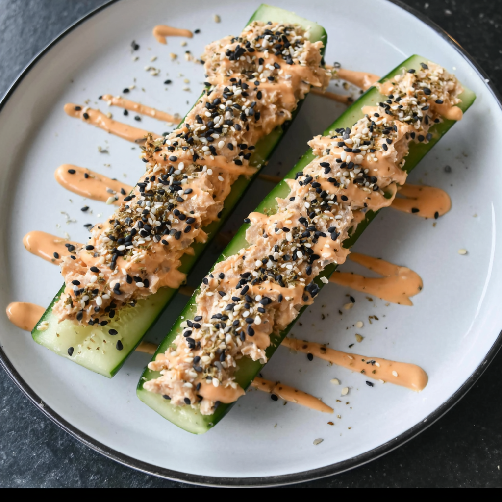 A platter of spicy tuna salad cucumber boats garnished with sriracha mayo and sesame seeds.