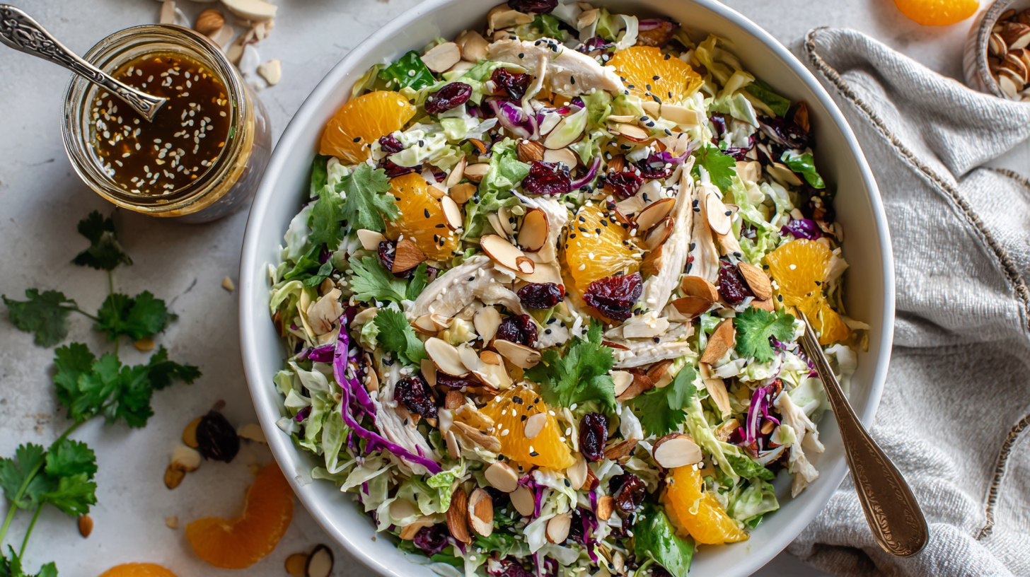 A large white bowl of Asian Chicken Cranberry Salad with toasted almonds, cranberries, and a side of homemade sesame ginger dressing.