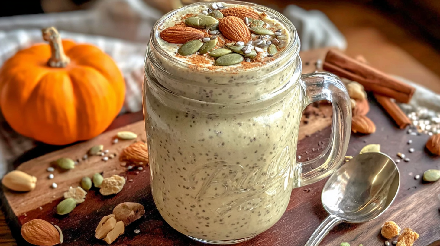 Creamy bariatric pumpkin seed weight loss drink in a mason jar, topped with chia seeds, almonds, and pumpkin seeds, surrounded by fall ingredients on a wooden board.