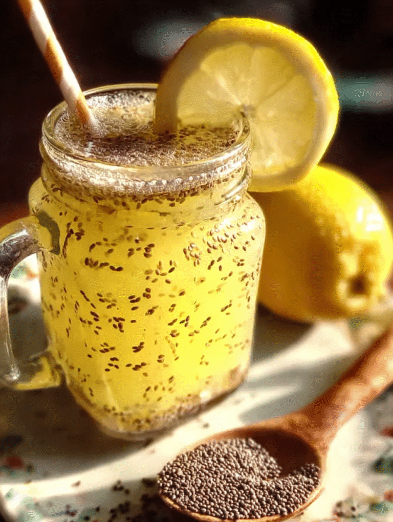 Add alt text: 'A finished glass of the bariatric seed drink tonic, thick with soaked chia seeds and garnished with a lemon wheel.
