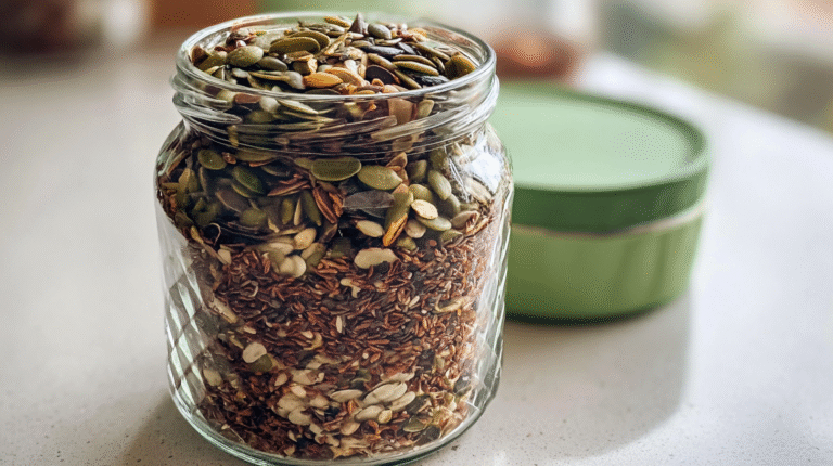 A handful of crunchy roasted bariatric seed mix, seasoned and ready to eat as a healthy snack.