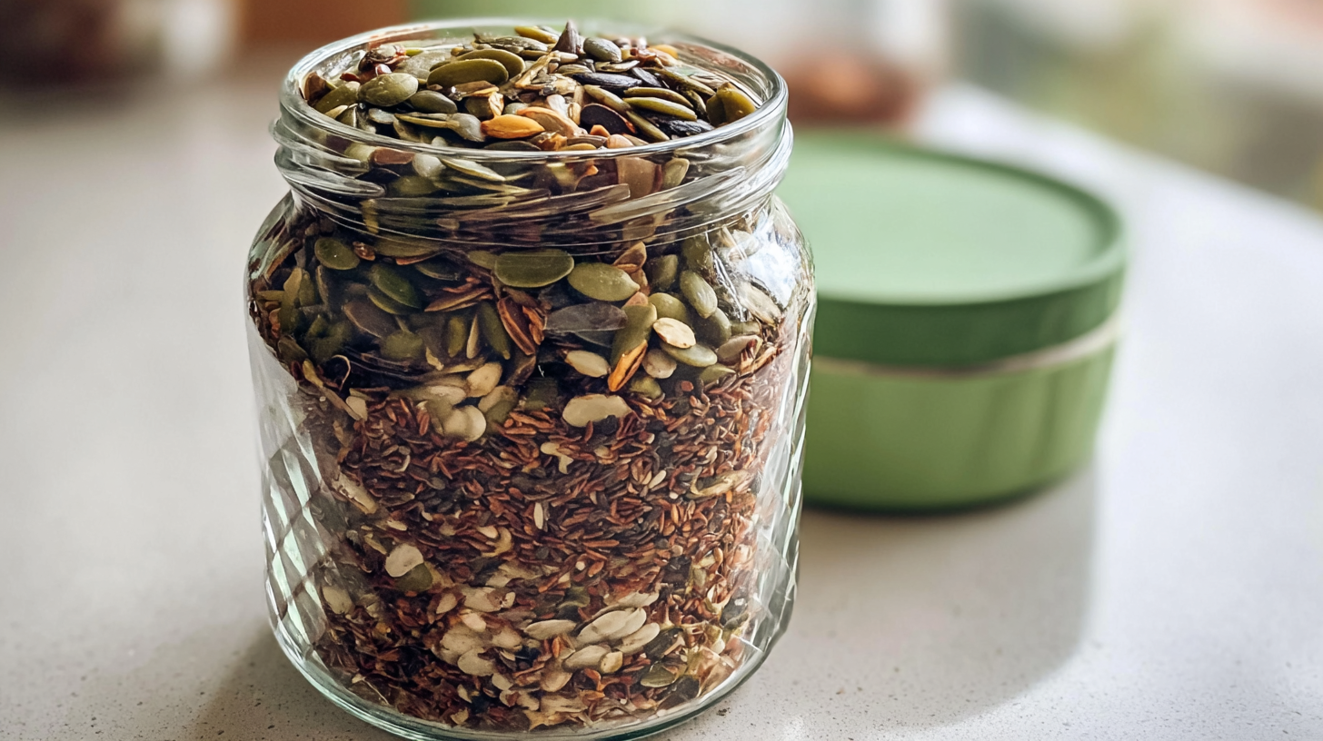 A handful of crunchy roasted bariatric seed mix, seasoned and ready to eat as a healthy snack.