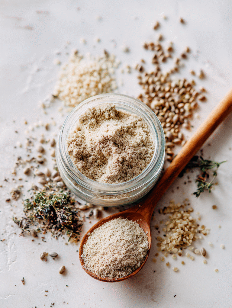 A small bowl of homemade bariatric seed powder, finely ground from flax, chia, and hemp seeds.