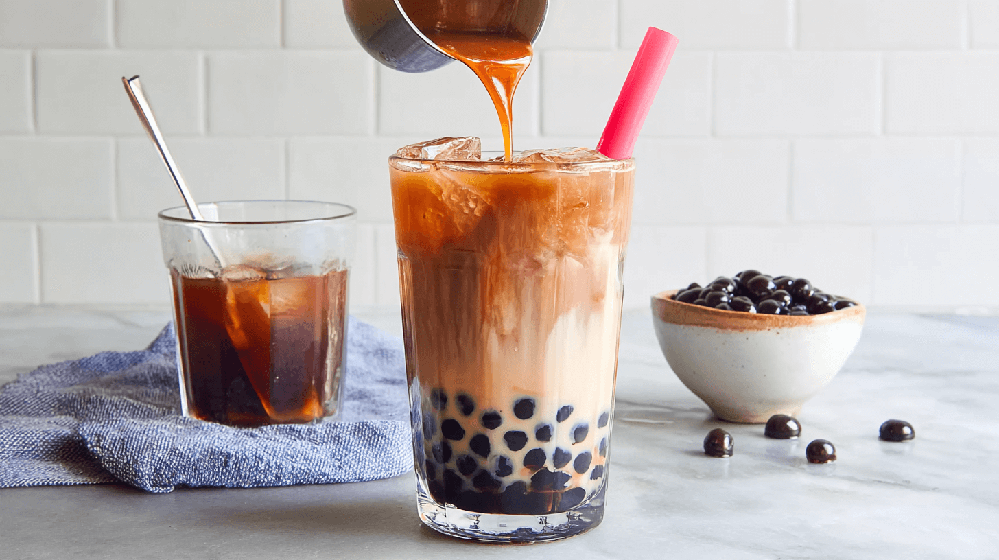 Authentic black milk tea boba with tapioca pearls and brown sugar syrup