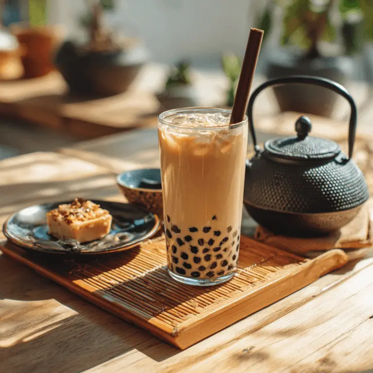 Black Milk Tea Boba Recipe: Authentic, Creamy & Easy to Make 2 Black milk tea boba served in a tall glass with boba straw and tea set