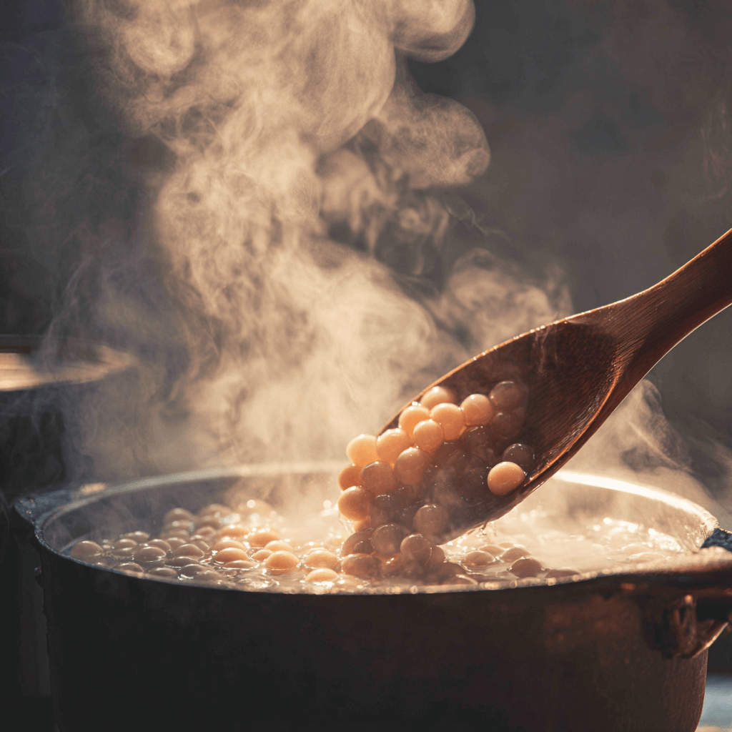 Cooking tapioca pearls for black milk tea boba