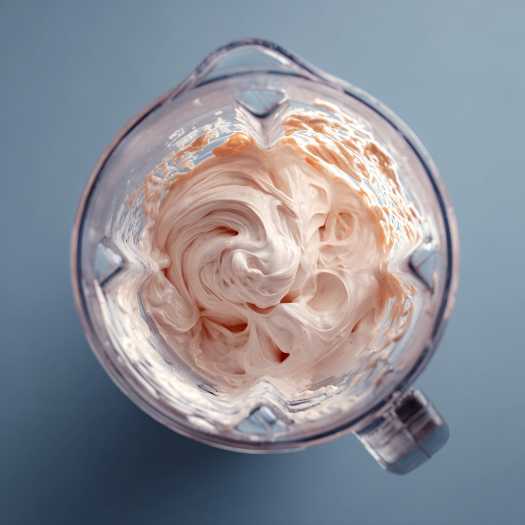 High-protein ice cream ingredients being blended into a smooth, creamy base in a high-powered blender.