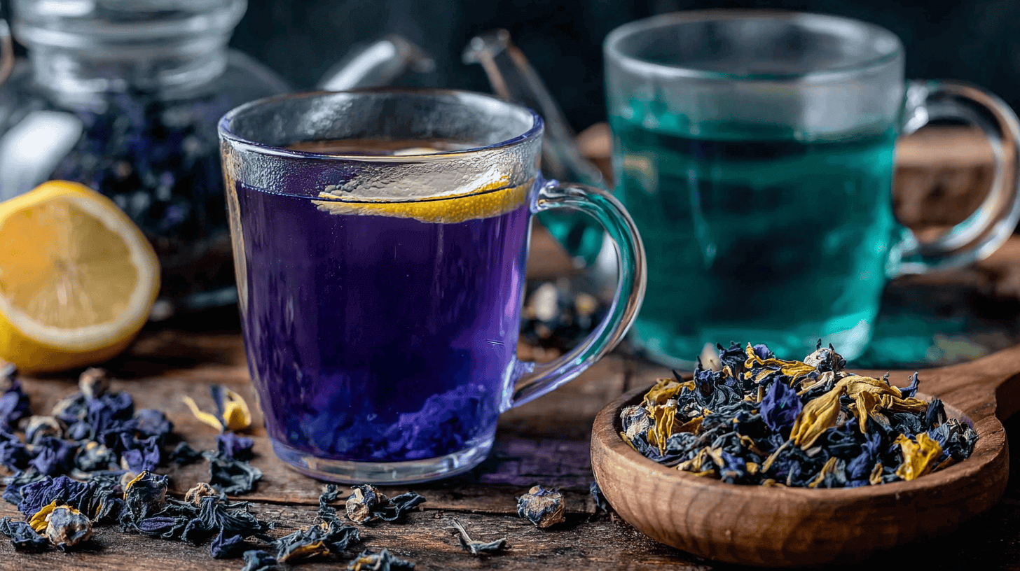 Dried butterfly pea flowers with brewed tea and lemon