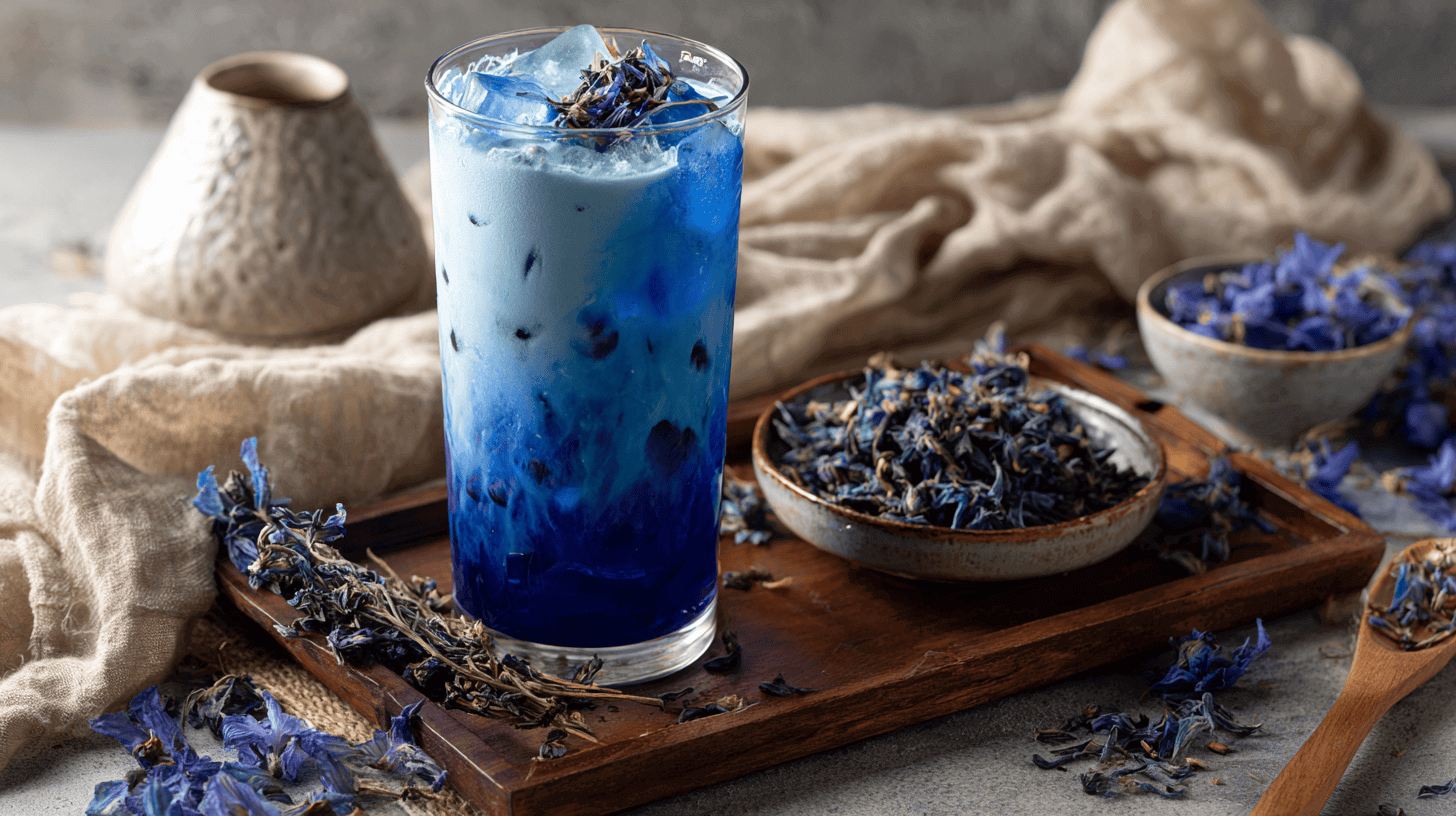 Butterfly pea milk tea in glass with natural ingredients