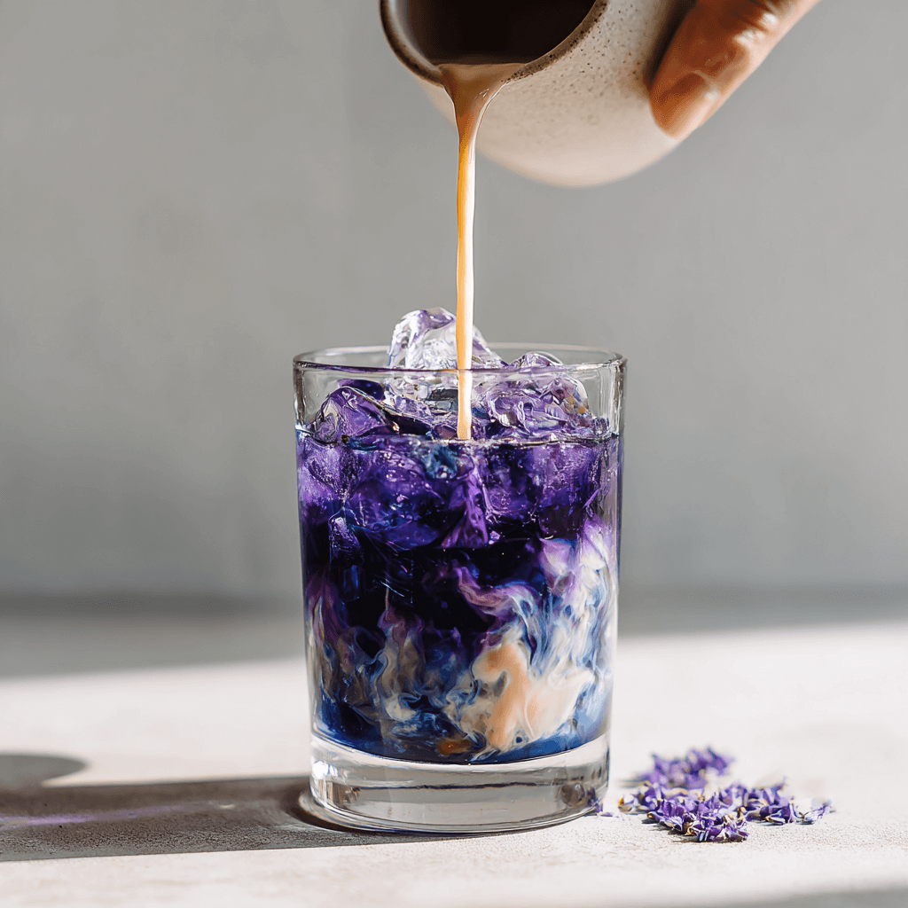 Making iced butterfly pea milk tea with oat milk