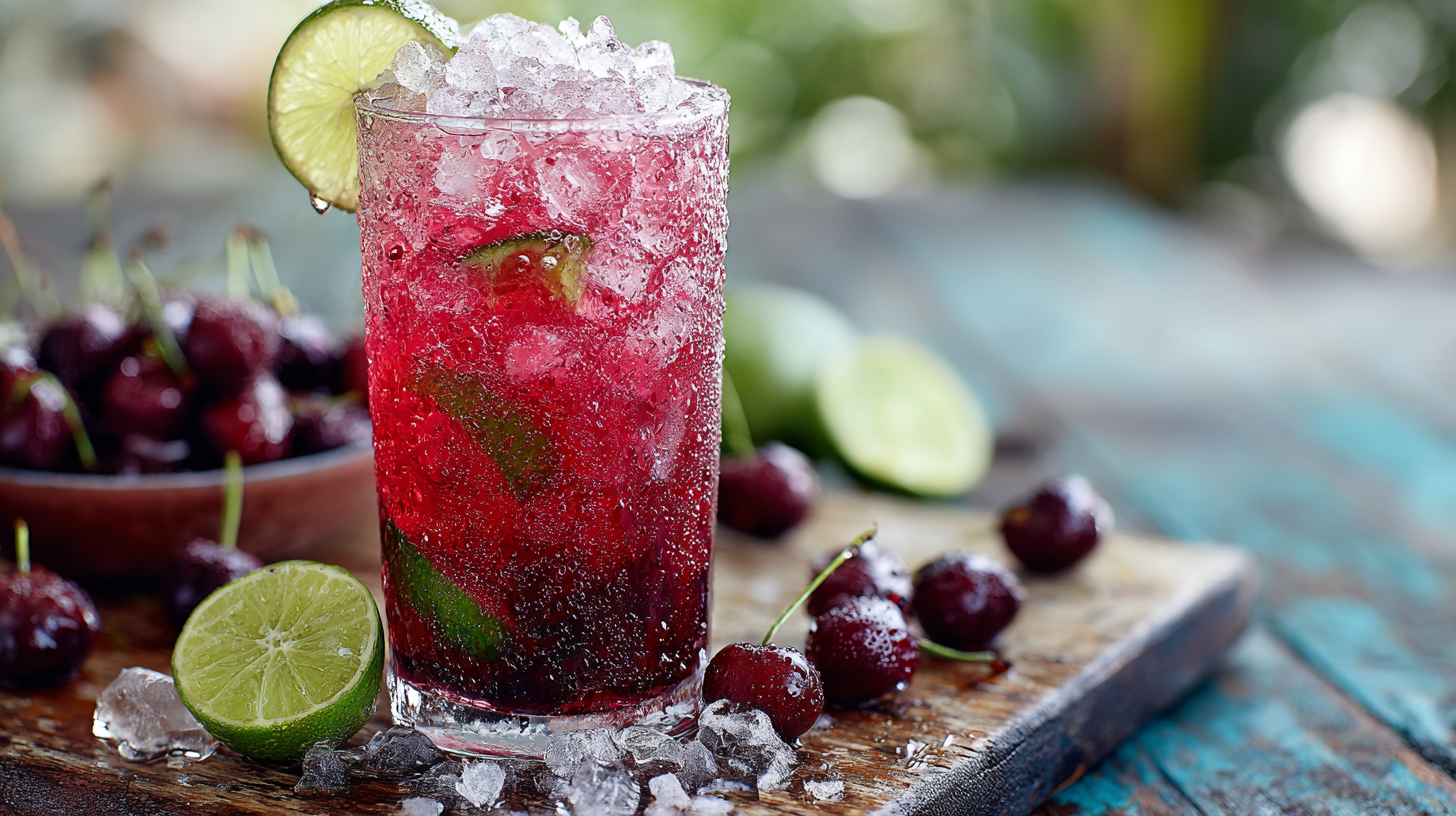 Cherry Lime Agua Fresca in tall glass with limes and cherries