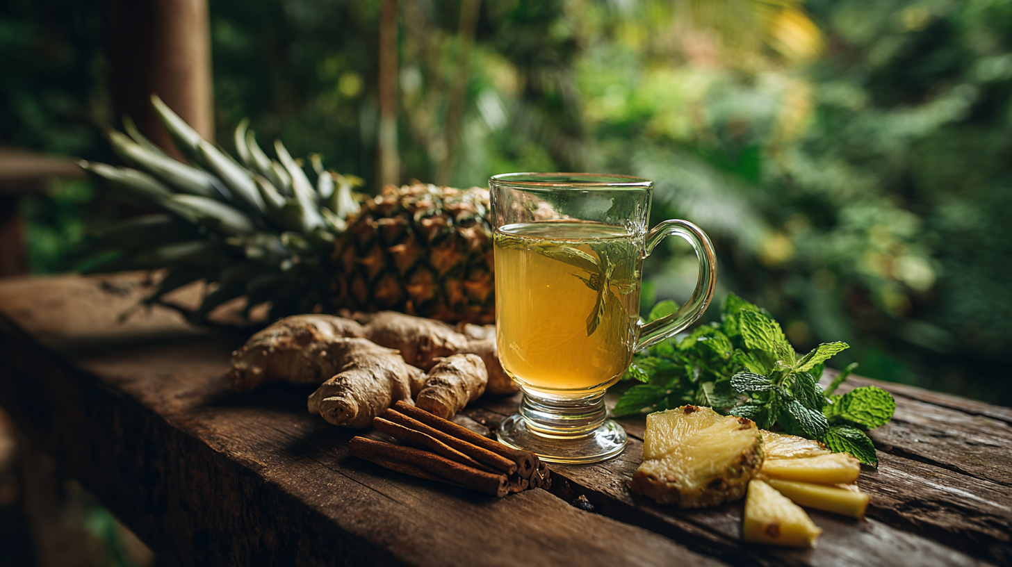 A steaming, clear mug of Costa Rican herbal tea with fresh pineapple chunks and mint leaves visible.
