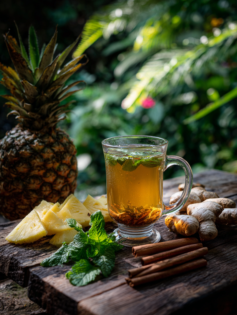 A local serving a fresh cup of Costa Rican pineapple-ginger tea in a rustic setting.