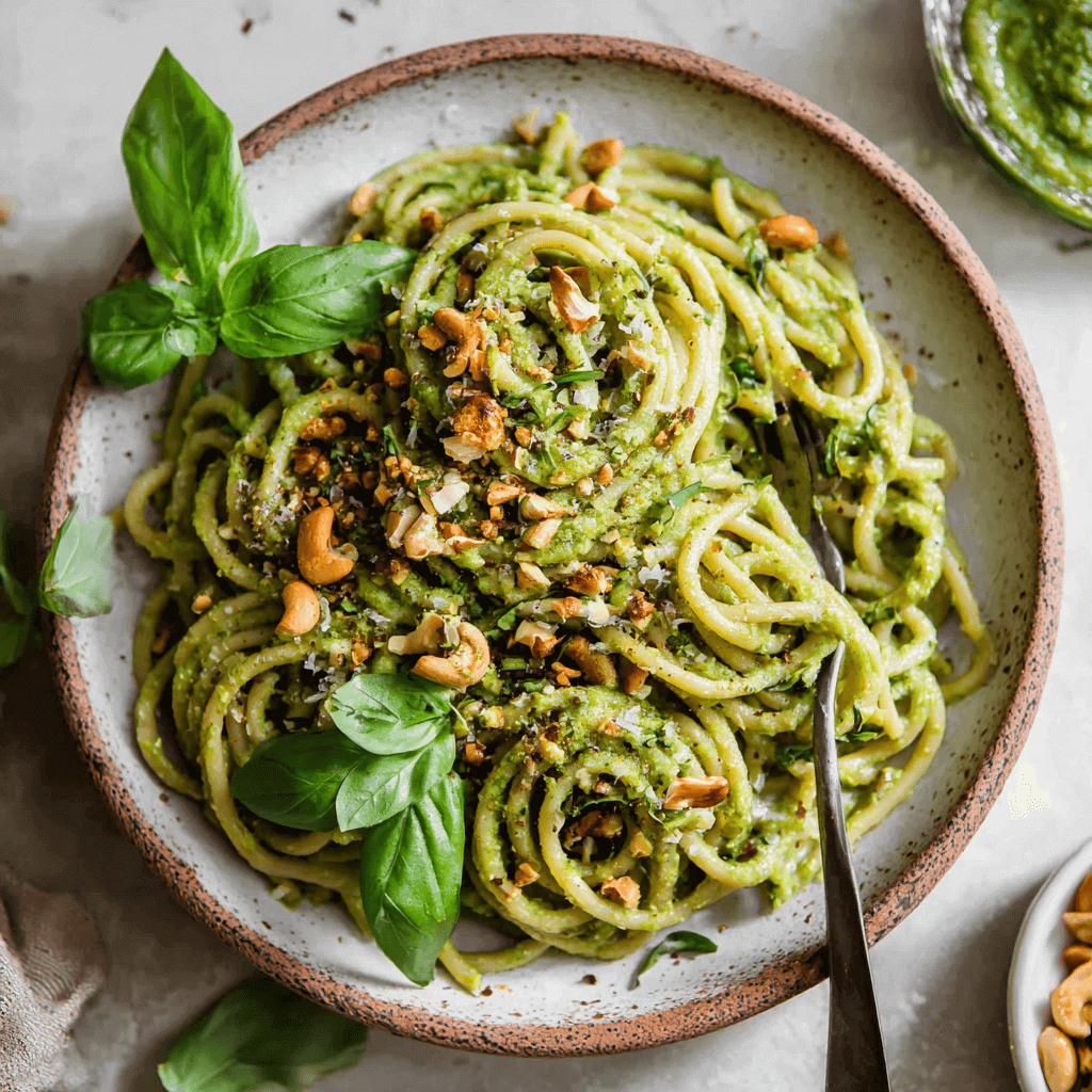 A white bowl filled with creamy vegan moringa pesto pasta, garnished with fresh basil.