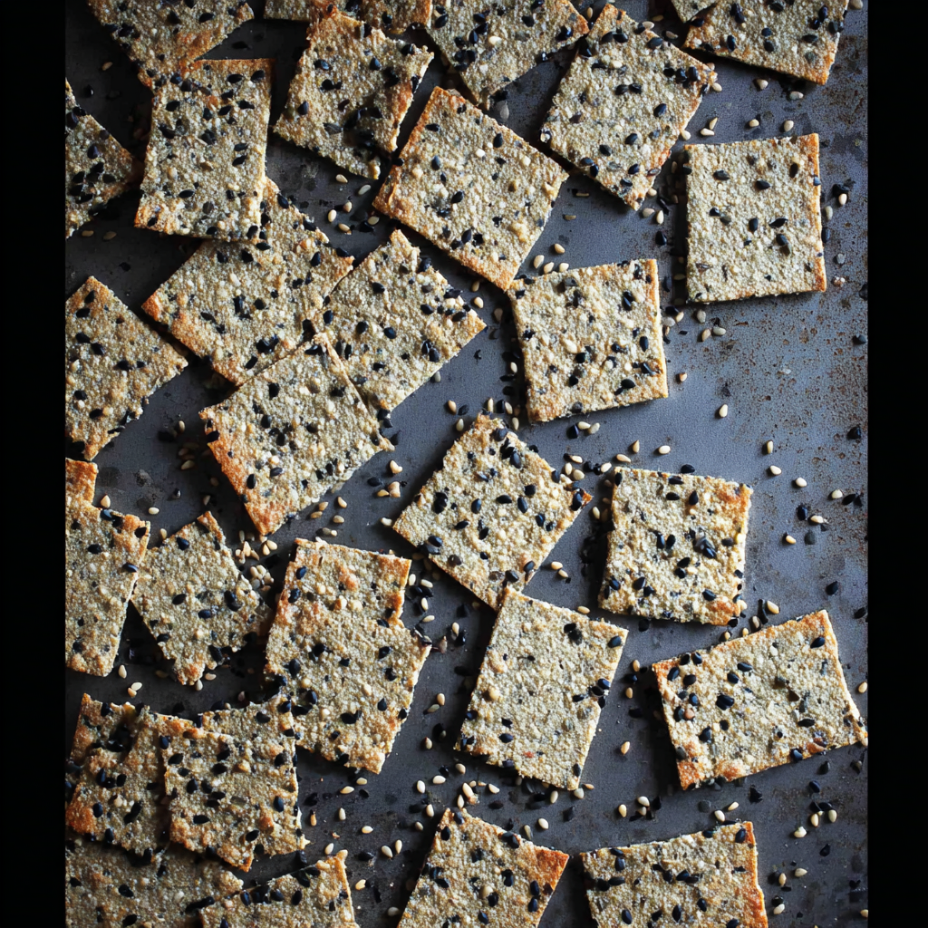 Crispy homemade quinoa crackers topped with sesame seeds