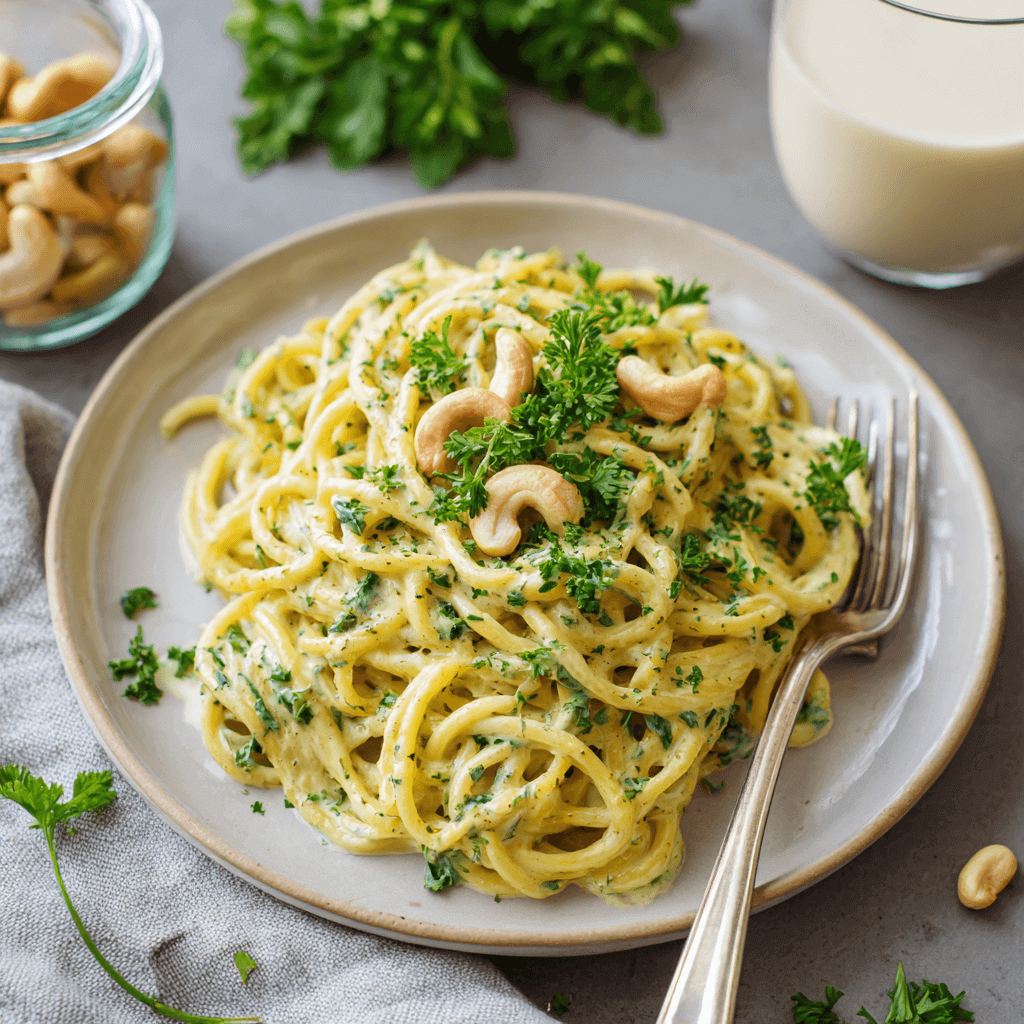 Gluten-free fettuccine coated in a rich, green moringa alfredo sauce in a white bowl.
