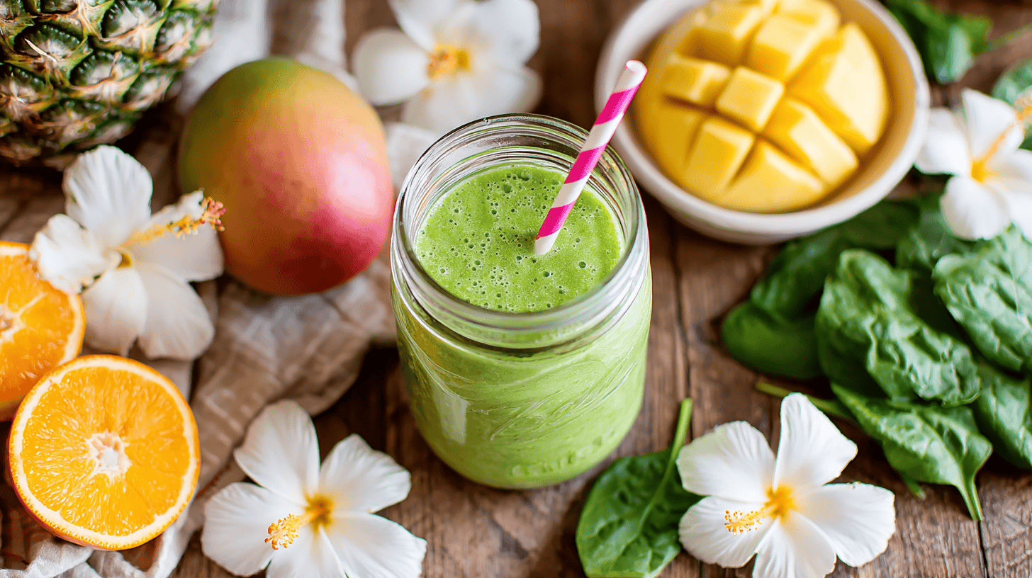 Detox Island Green Smoothie in a mason jar with spinach, mango, pineapple, and citrus fruits on a wooden background