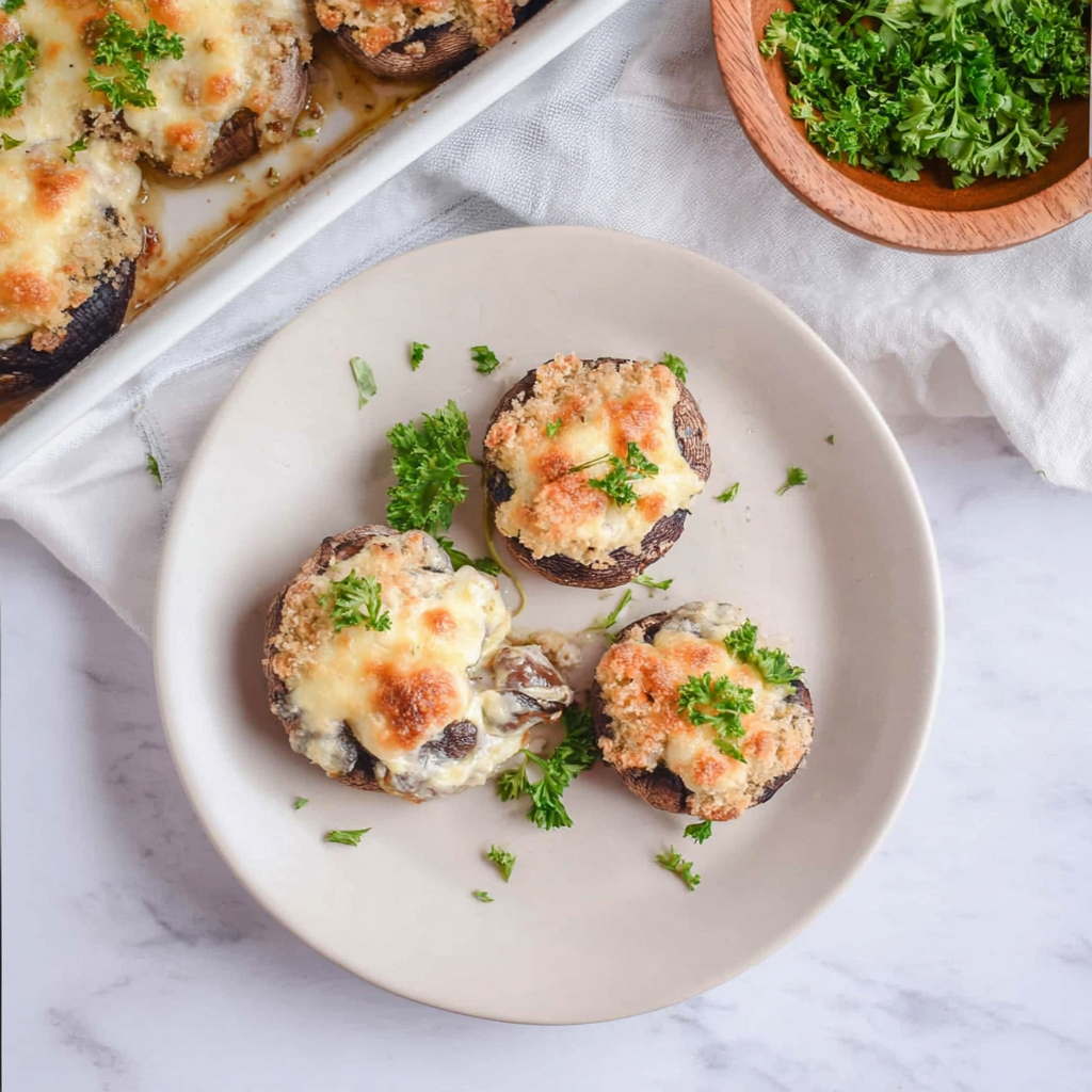 Gluten-Free Longhorn Stuffed Mushrooms served with melted cheese and herbs.