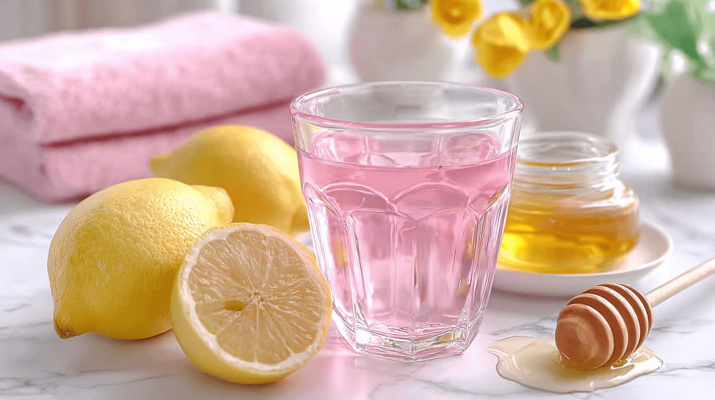 Glass of Himalayan pink salt drink with lemons, honey jar and dipper on bright kitchen surface