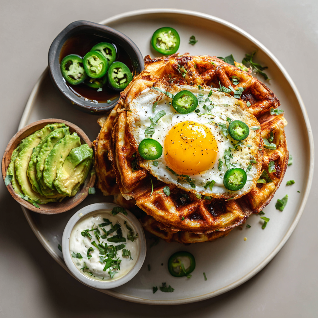 Jalapeño cheddar chaffle served with egg and avocado