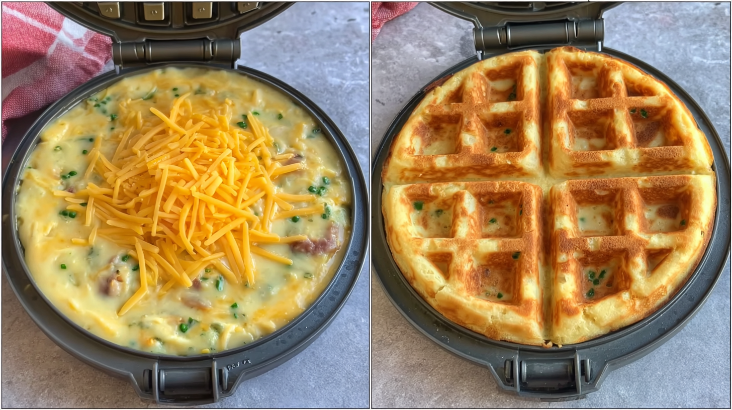 Jalapeño cheddar chaffle batter cooking in a Dash Mini Waffle Maker