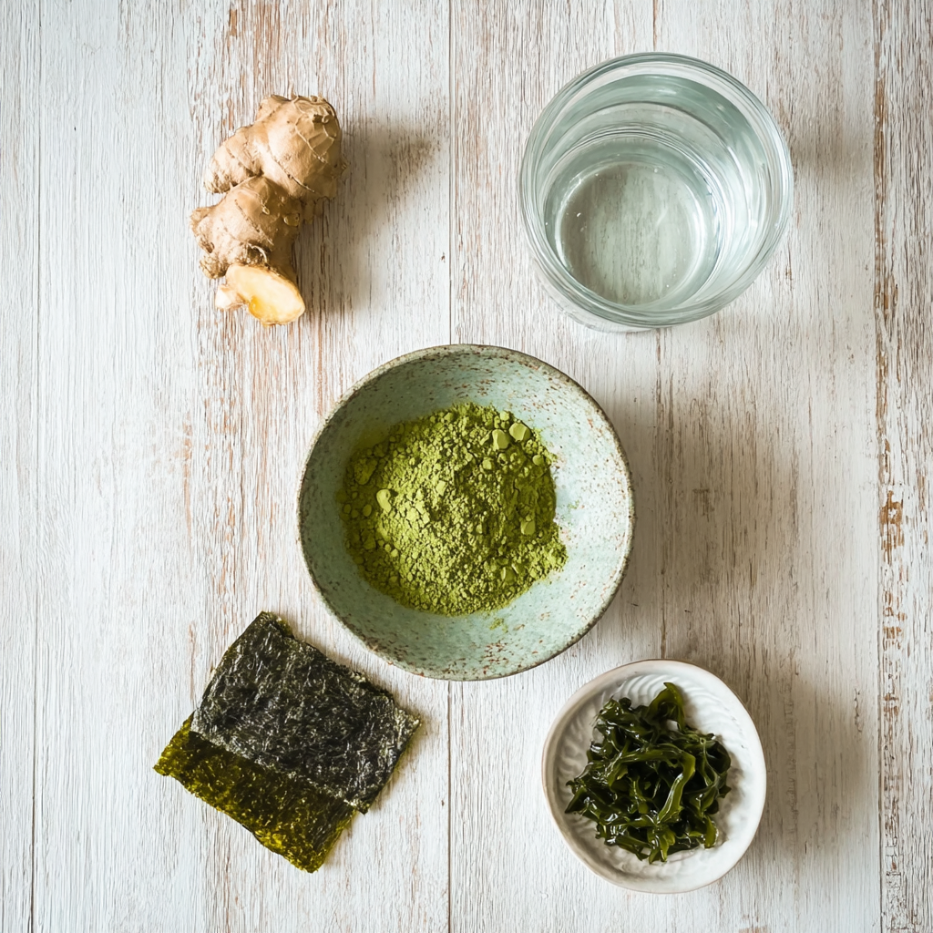 The four core ingredients for the Japanese Mounjaro recipe matcha powder, a whole umeboshi plum, a slice of fresh ginger, and a piece of dried kombu arranged on a wooden surface.