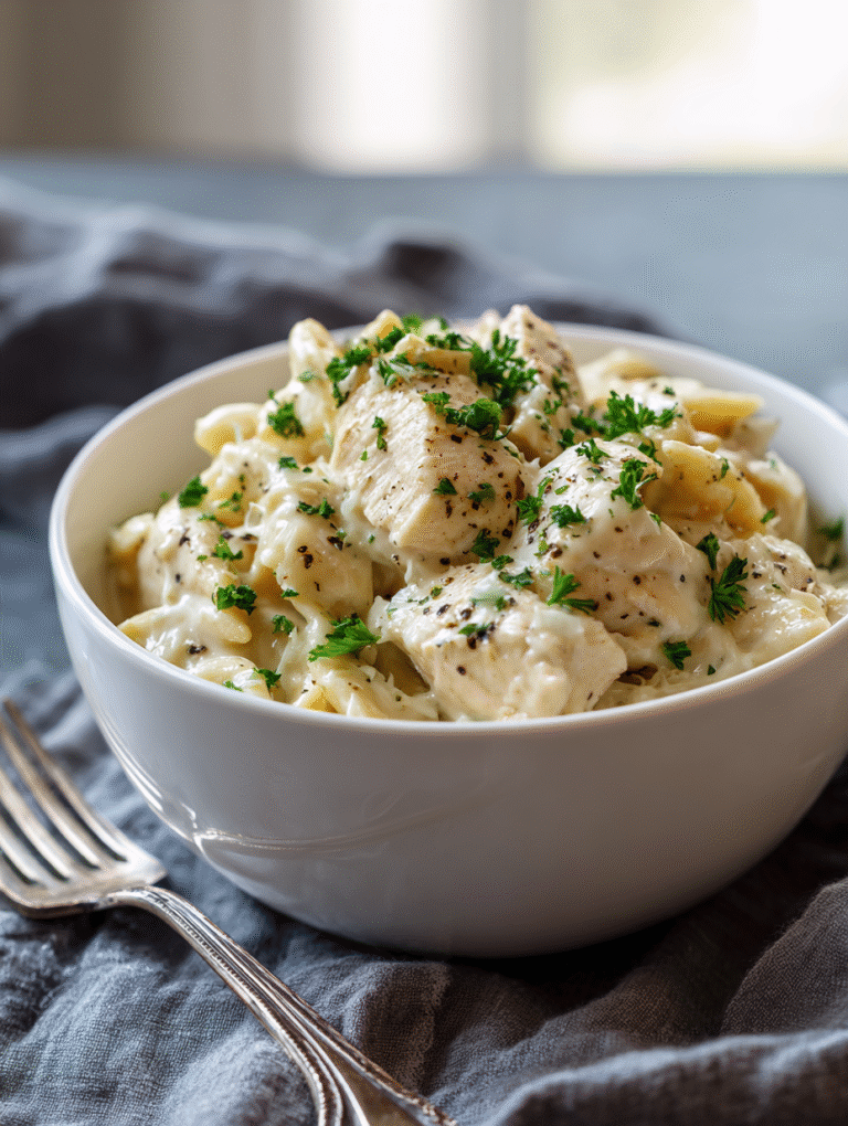 Justalittlebite Recipes: What They Are + 10 Best Bite-Sized Recipe Ideas 2 A white bowl of creamy Justalittlebite chicken alfredo topped with fresh parsley.
