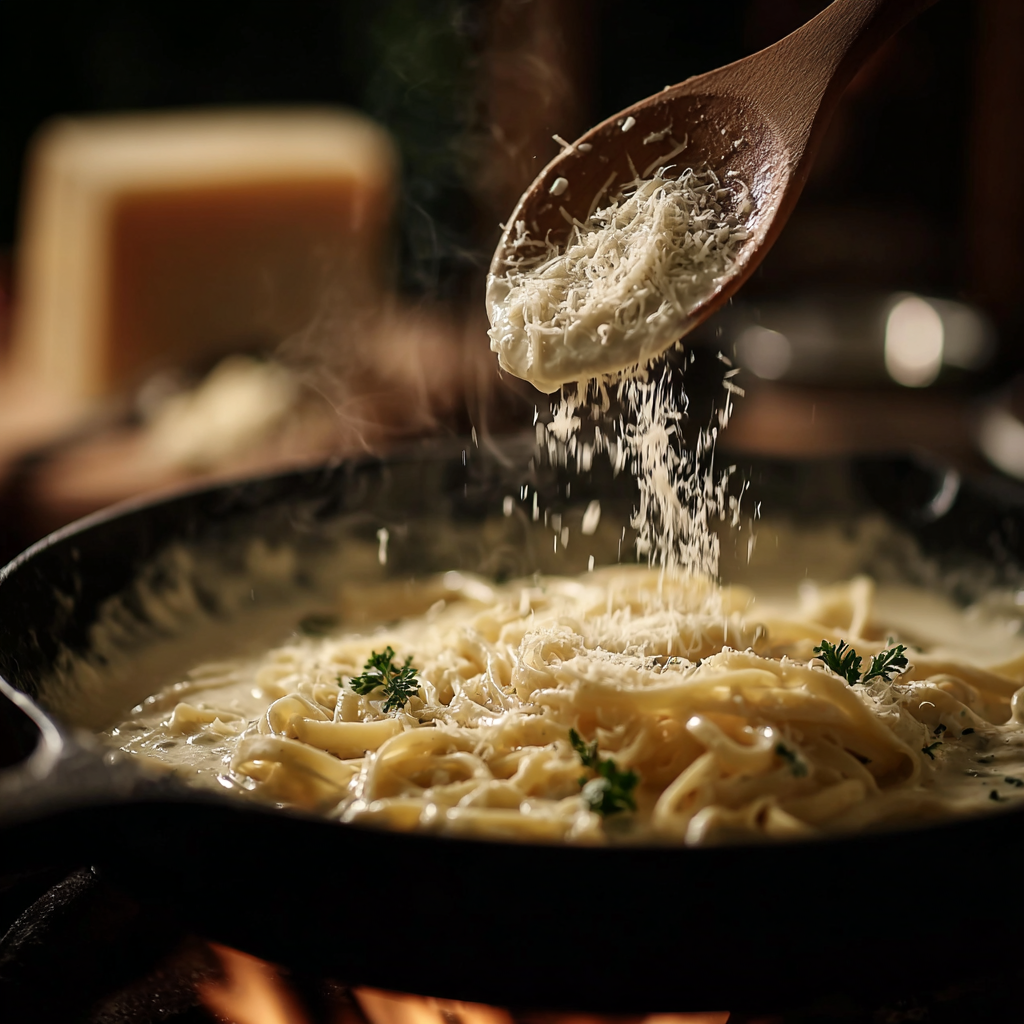 Sprinkling Parmesan over creamy chicken Alfredo in skillet